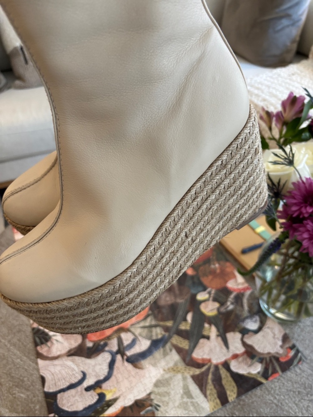 Paloma Barcelo Cream Leather Platform Mid Calf Espadrille Boots - Picture 5 of 7